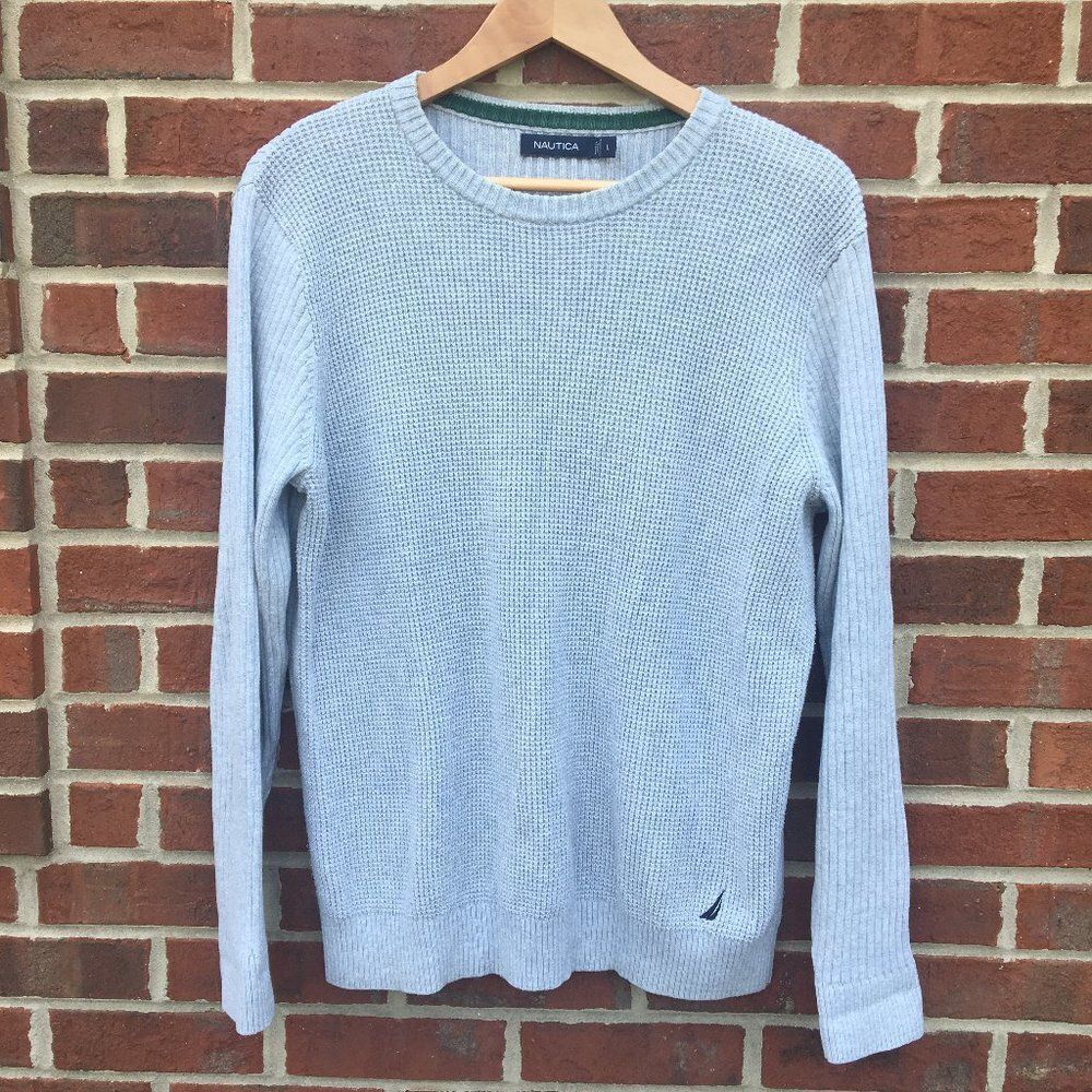 Nautica Waffle Knit Sweater Gray Cotton Men's Large Coastal Nautical Preppy